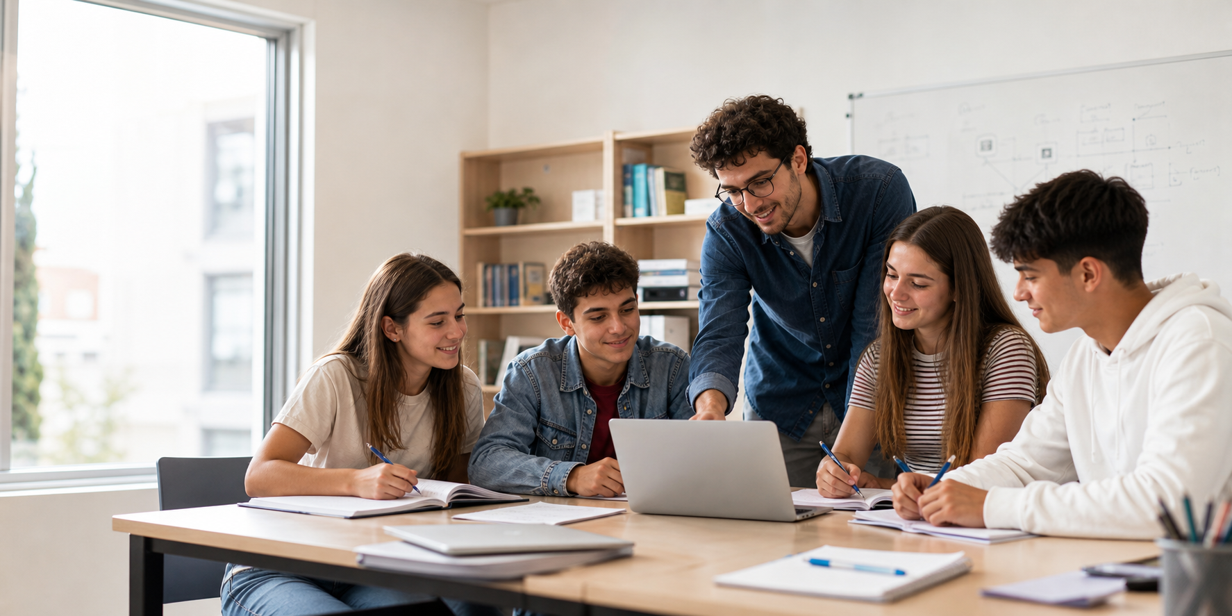Tutor i estudiants treballant en una acadèmia moderna
